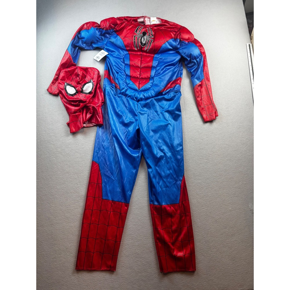 Marvel Spider-Man Costume Kids Large 10-12 Padded Muscle Jumpsuit Mask 2pc Set